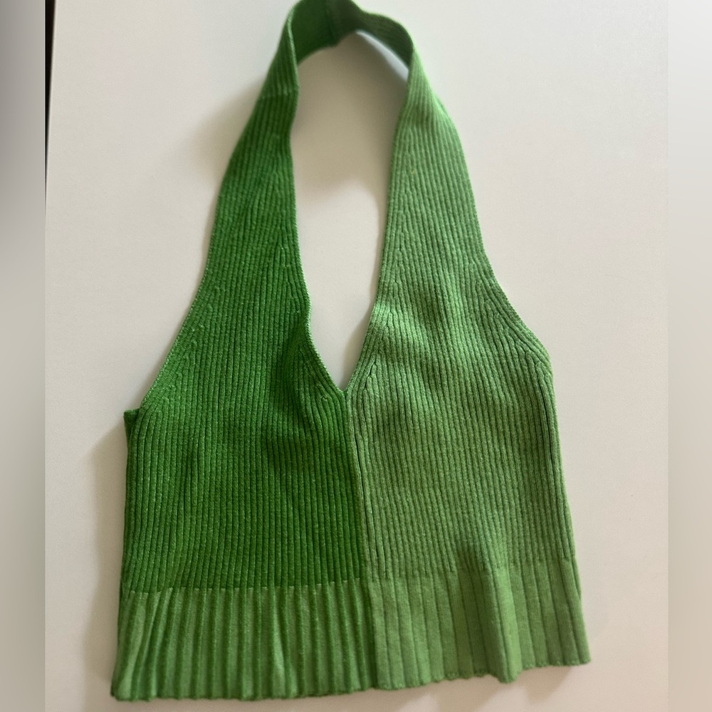 La Hearts Two-Tone Green Ribbed Halter Top